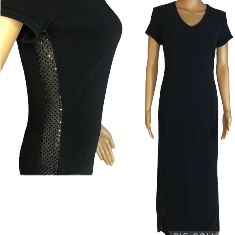 PS PerSeption Black V Neck Short Sleeve Sequin Bling Strip Side Maxi Dress M